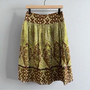 Banana Republic 100% Silk Pattern Boho Bohemian Green and Brown Skirt in Size 2